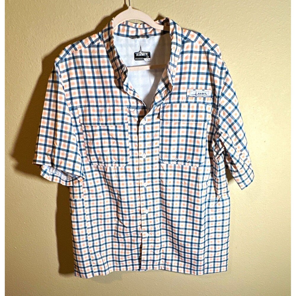 Habit Men’s Plaid Button-Up Shirt UV Protection Short Sleeve Size L Blue